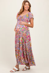 Lavender Floral Paisley Smocked Tiered Maternity Maxi Dress