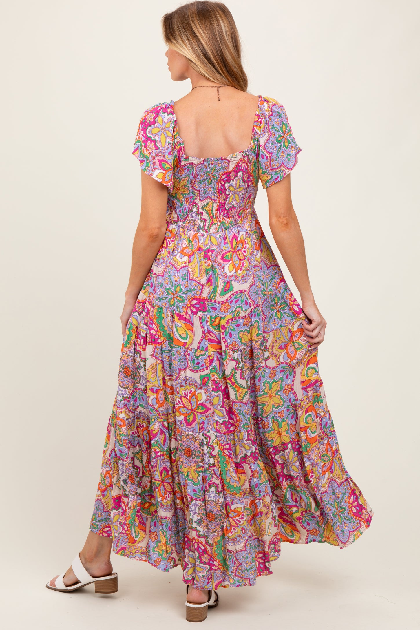 Lavender Floral Paisley Smocked Tiered Maternity Maxi Dress