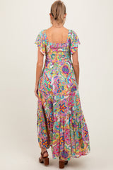 Pink Floral Paisley Smocked Tiered Maternity Maxi Dress