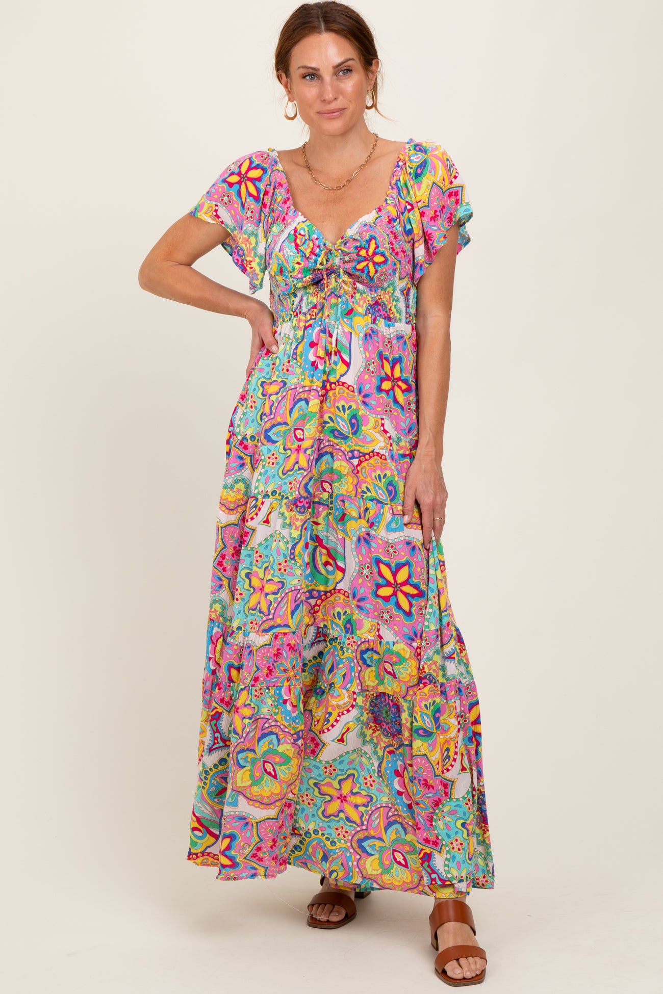 Pink Floral Paisley Smocked Tiered Maternity Maxi Dress