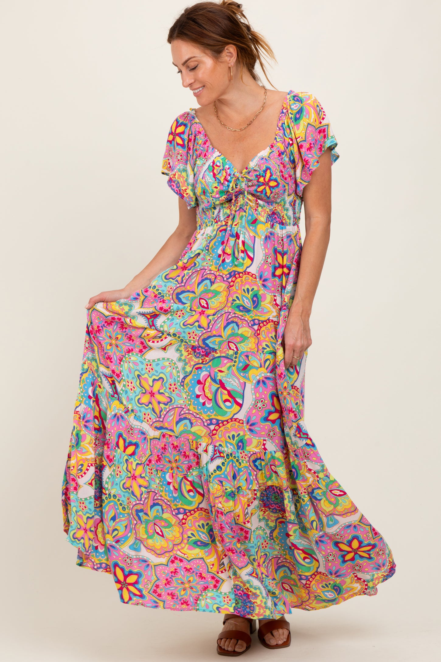 Pink Floral Paisley Smocked Tiered Maxi Dress