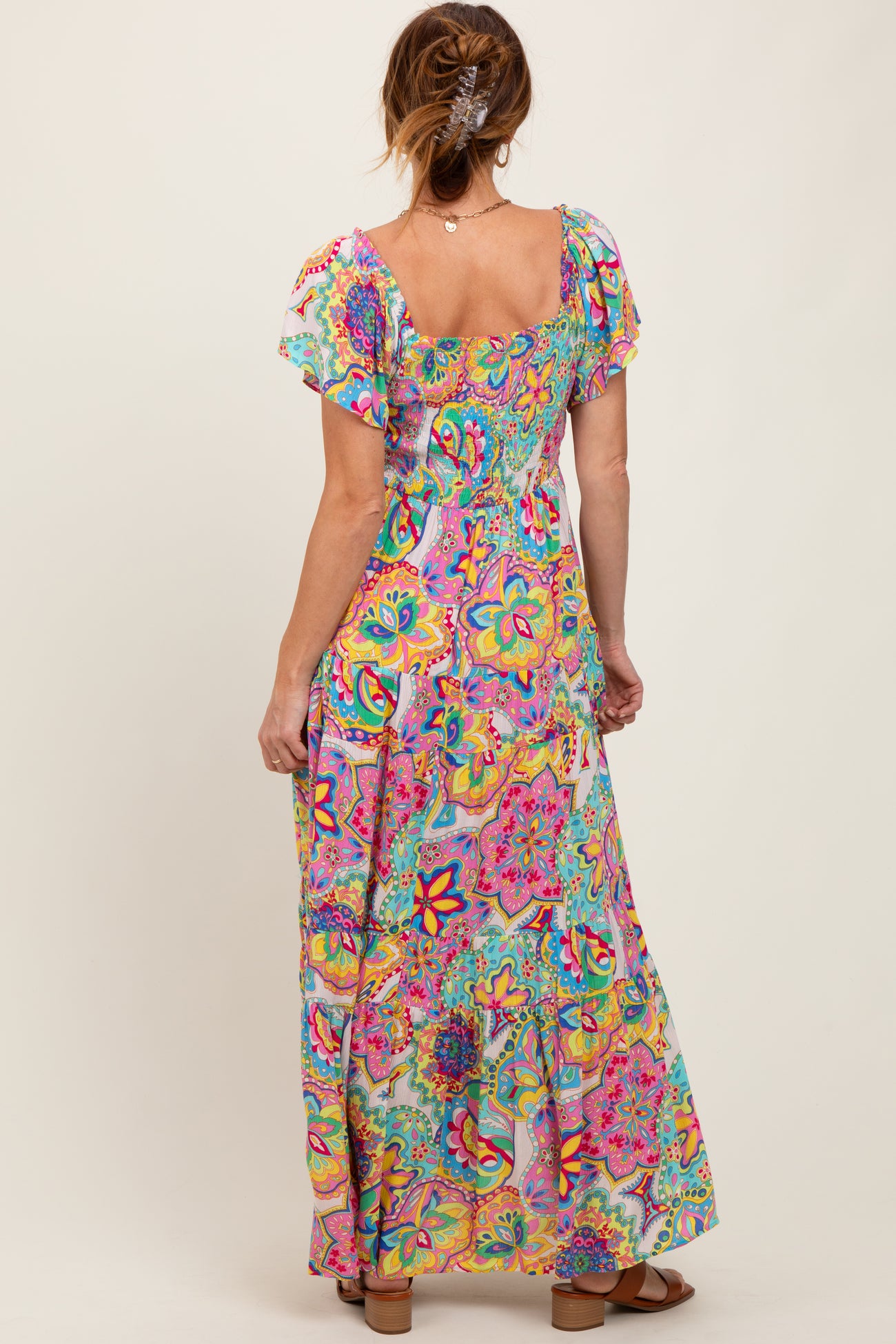 Pink Floral Paisley Smocked Tiered Maxi Dress