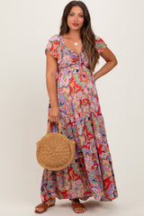 Red Floral Paisley Smocked Tiered Maternity Maxi Dress