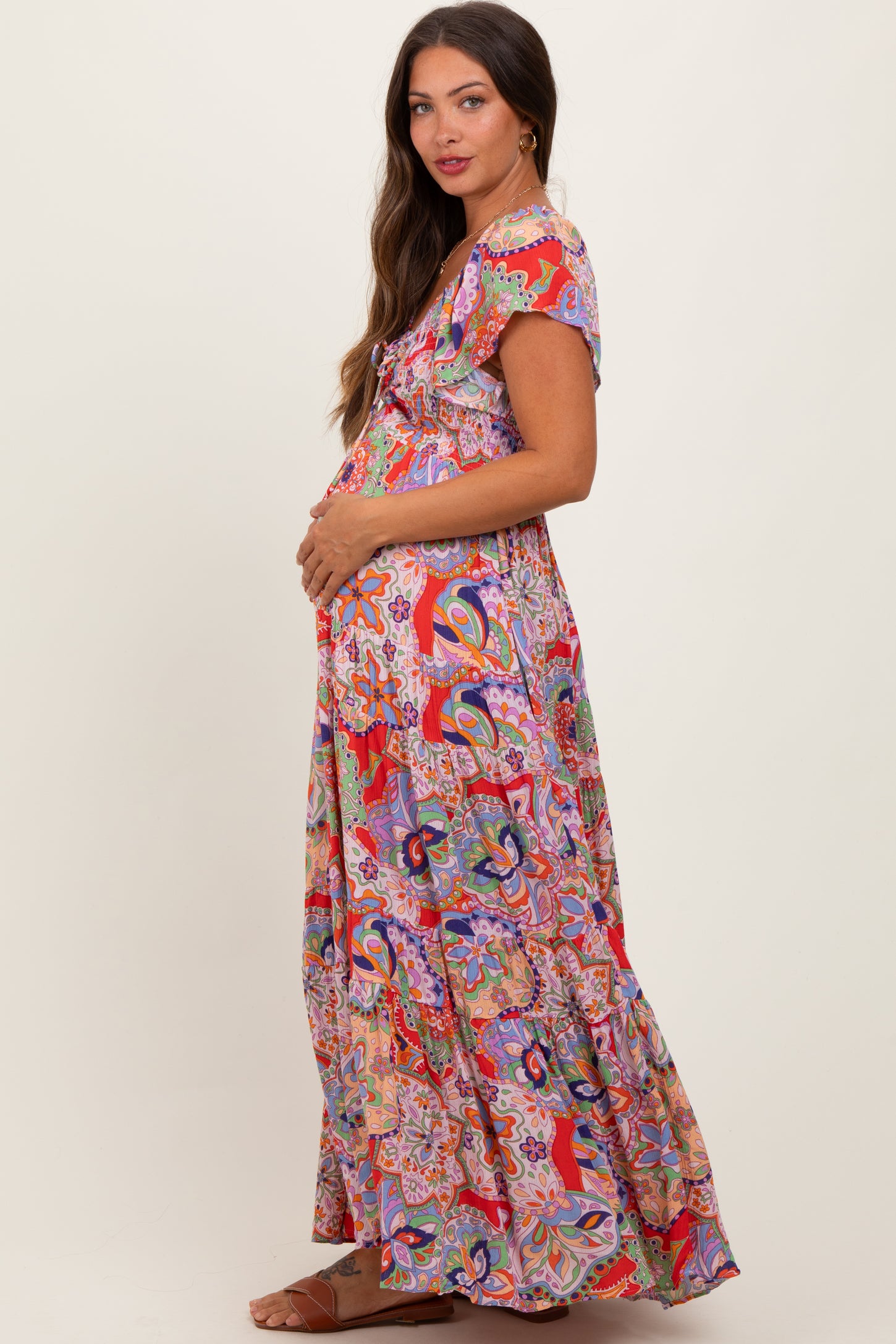 Red Floral Paisley Smocked Tiered Maternity Maxi Dress