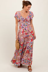 Red Floral Paisley Smocked Tiered Maxi Dress