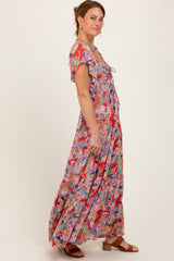 Red Floral Paisley Smocked Tiered Maxi Dress