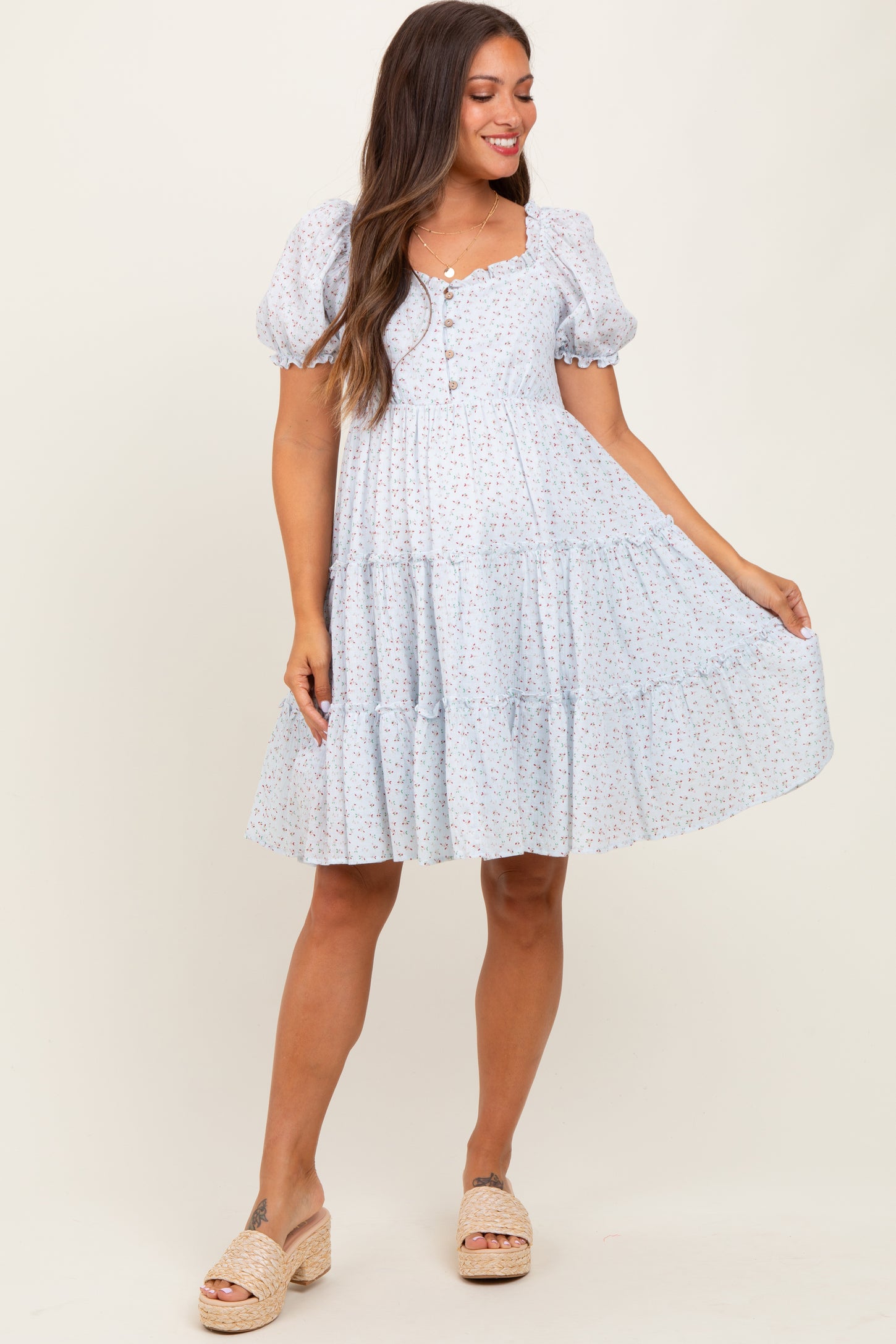 Light Blue Printed Button Up Ruffle Tiered Maternity Dress