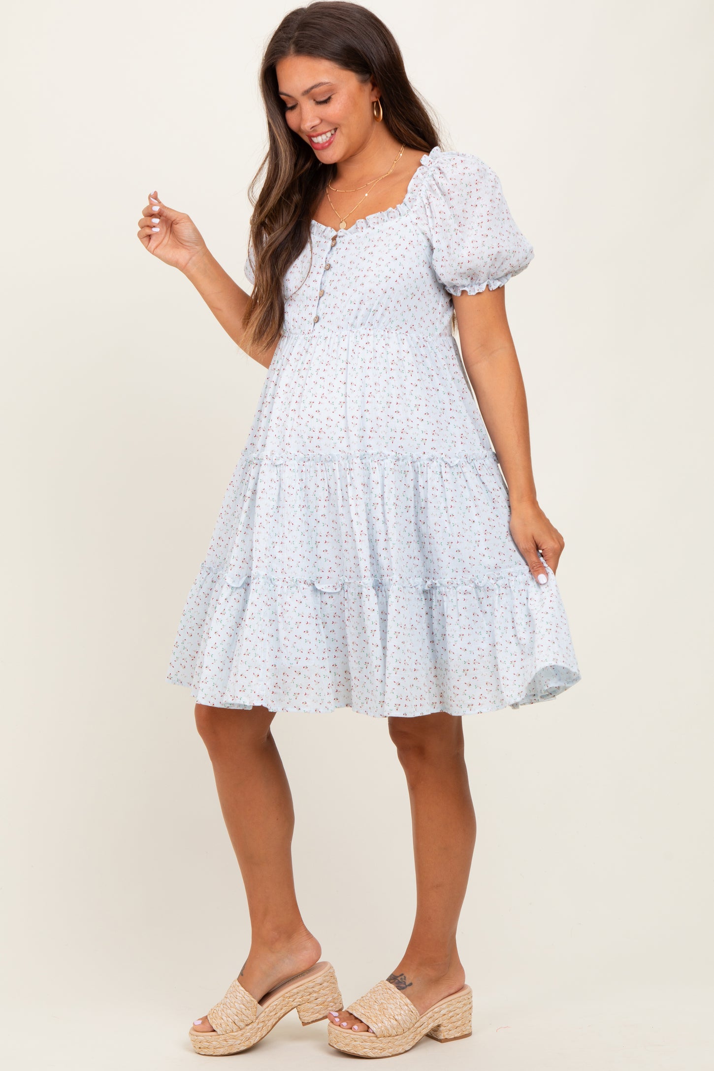 Light Blue Printed Button Up Ruffle Tiered Maternity Dress