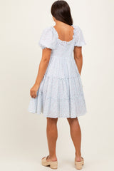 Light Blue Printed Button Up Ruffle Tiered Maternity Dress