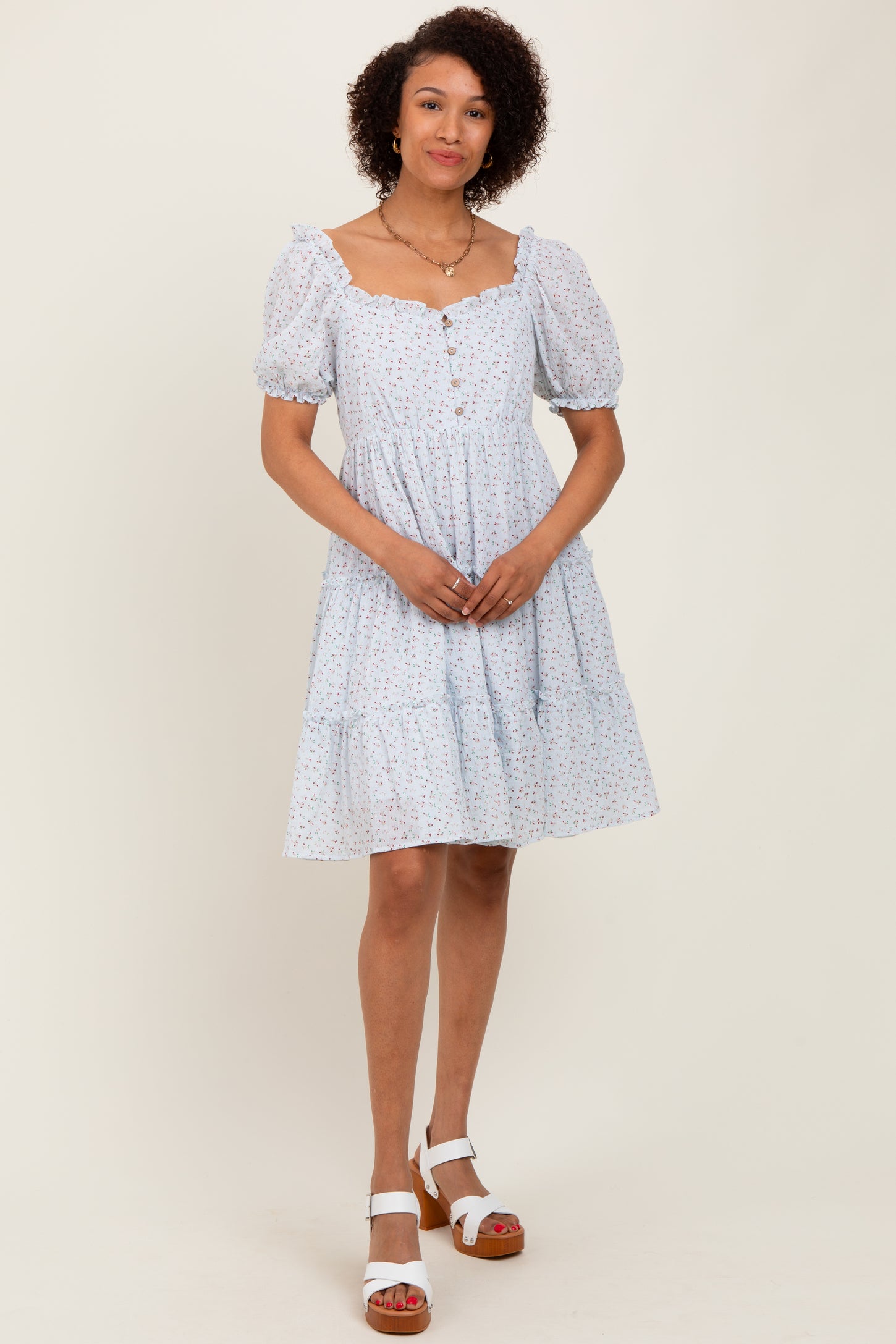 Light Blue Printed Button Up Ruffle Tiered Maternity Dress