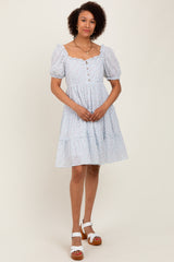 Light Blue Printed Button Up Ruffle Tiered Dress
