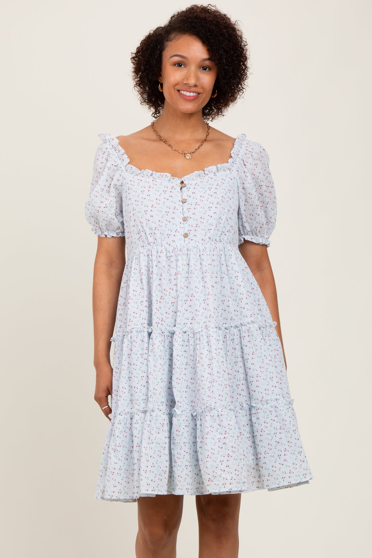 Light Blue Printed Button Up Ruffle Tiered Dress