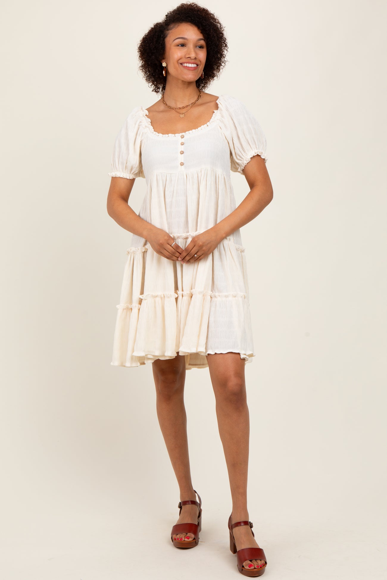 Cream Button Up Ruffle Tiered Maternity Dress