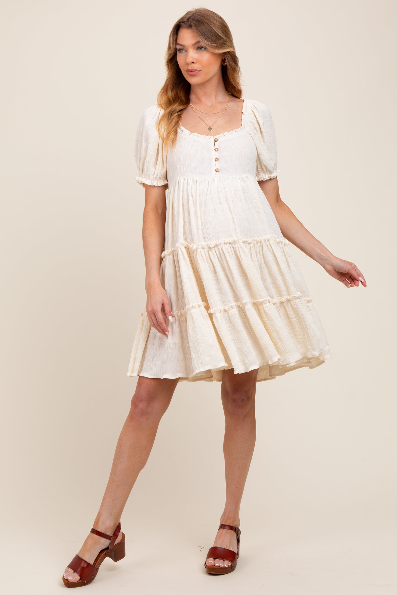 Cream Button Up Ruffle Tiered Maternity Dress
