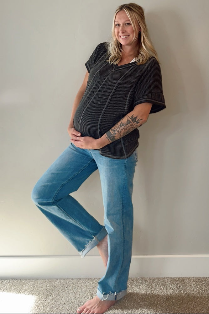 Charcoal Striped Ribbed V-Neck Oversized Short Sleeve Maternity Top