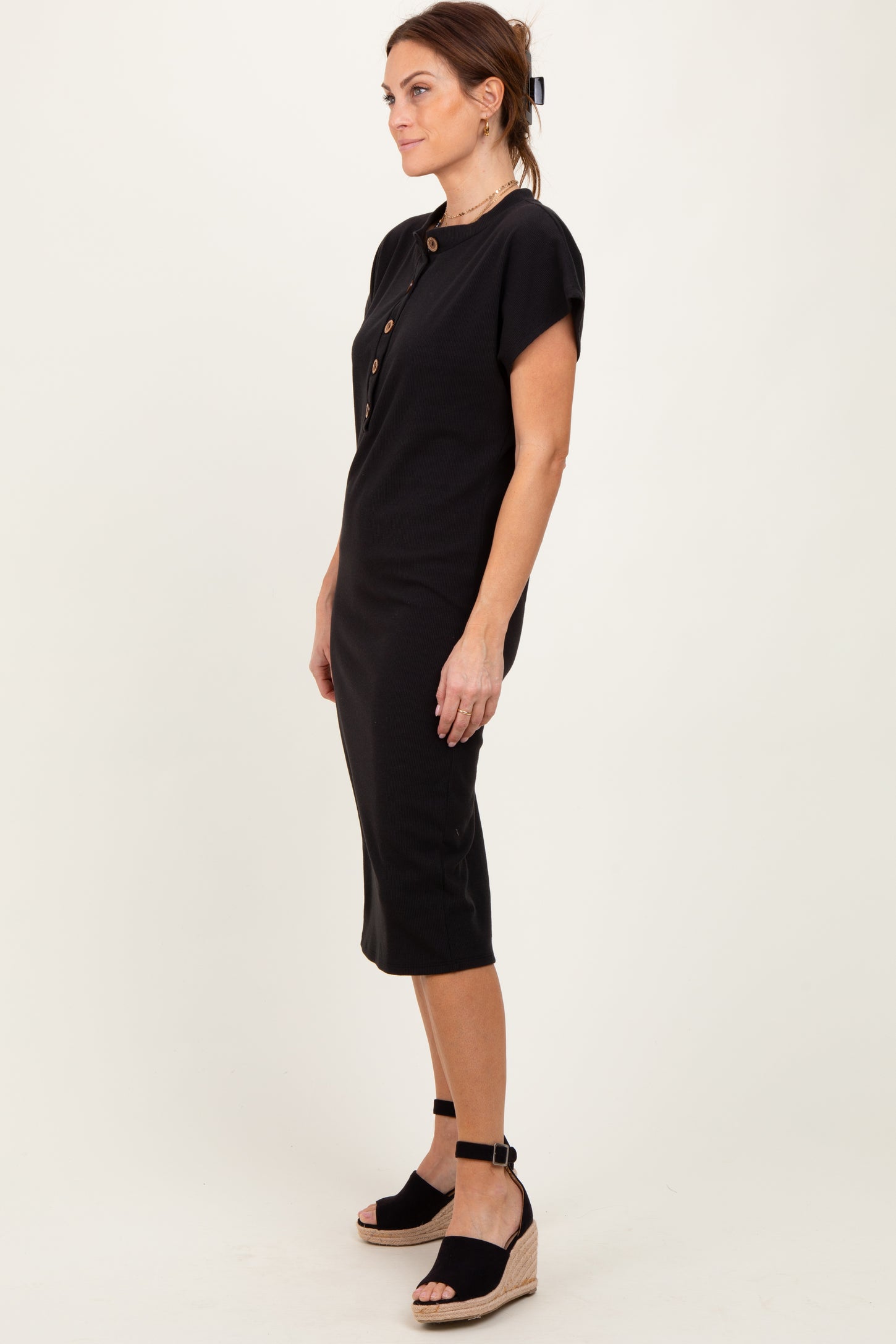 Black Solid Ribbed Short Sleeve Button Down Knit Midi Dress