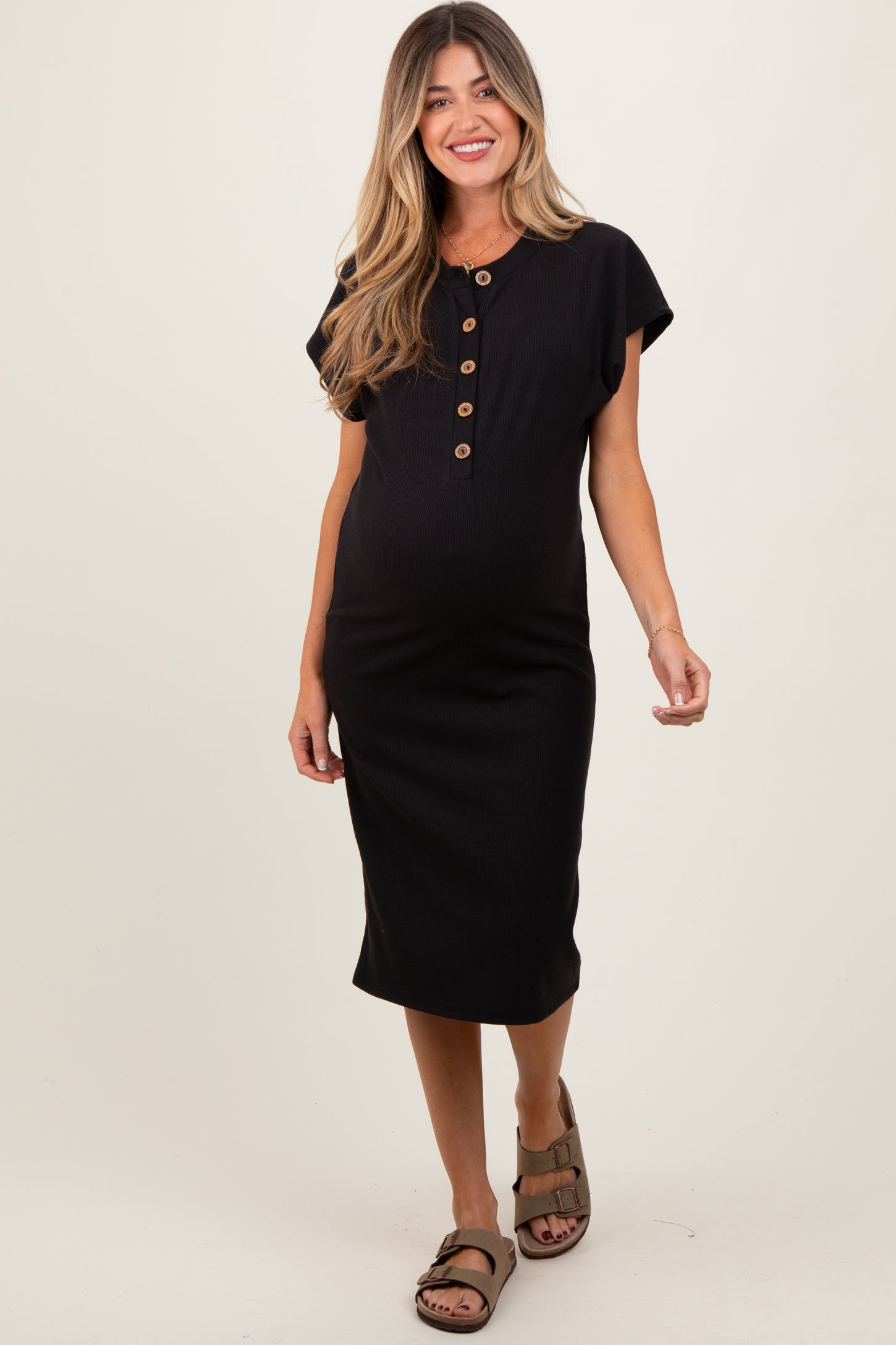 Black Solid Ribbed Short Sleeve Button Down Knit Maternity Midi Dress