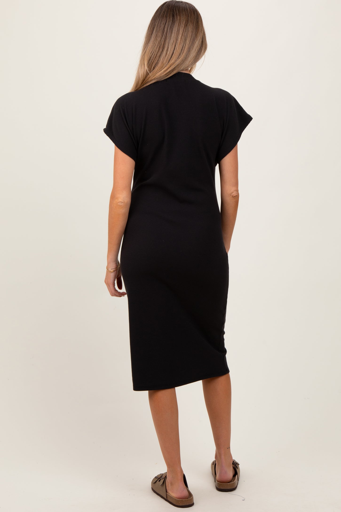 Black Solid Ribbed Short Sleeve Button Down Knit Maternity Midi Dress
