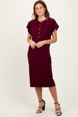Burgundy Solid Ribbed Short Sleeve Button Down Knit Midi Dress