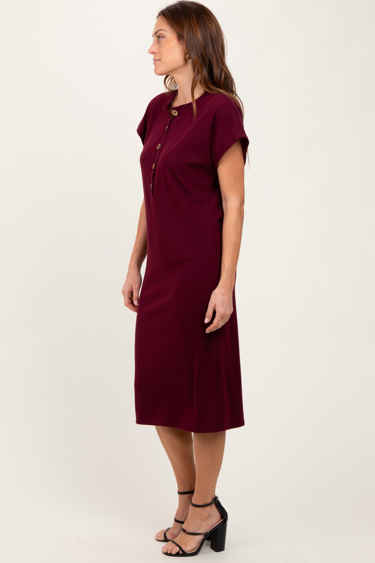 Burgundy Solid Ribbed Short Sleeve Button Down Knit Midi Dress