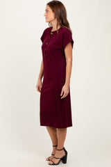 Burgundy Solid Ribbed Short Sleeve Button Down Knit Midi Dress