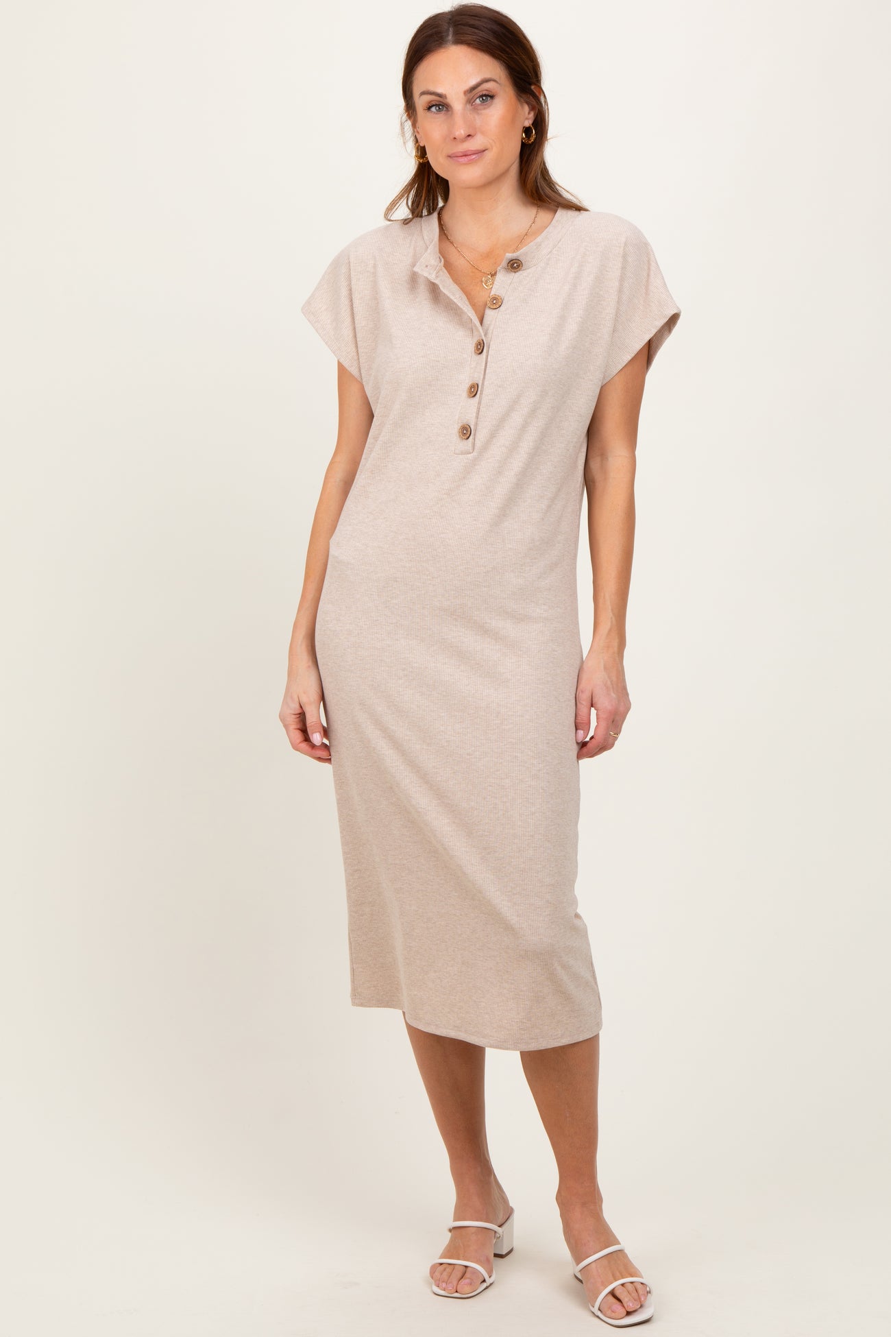 Beige Solid Ribbed Short Sleeve Button Down Knit Maternity Midi Dress