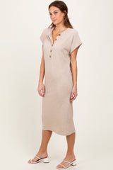 Beige Solid Ribbed Short Sleeve Button Down Knit Midi Dress