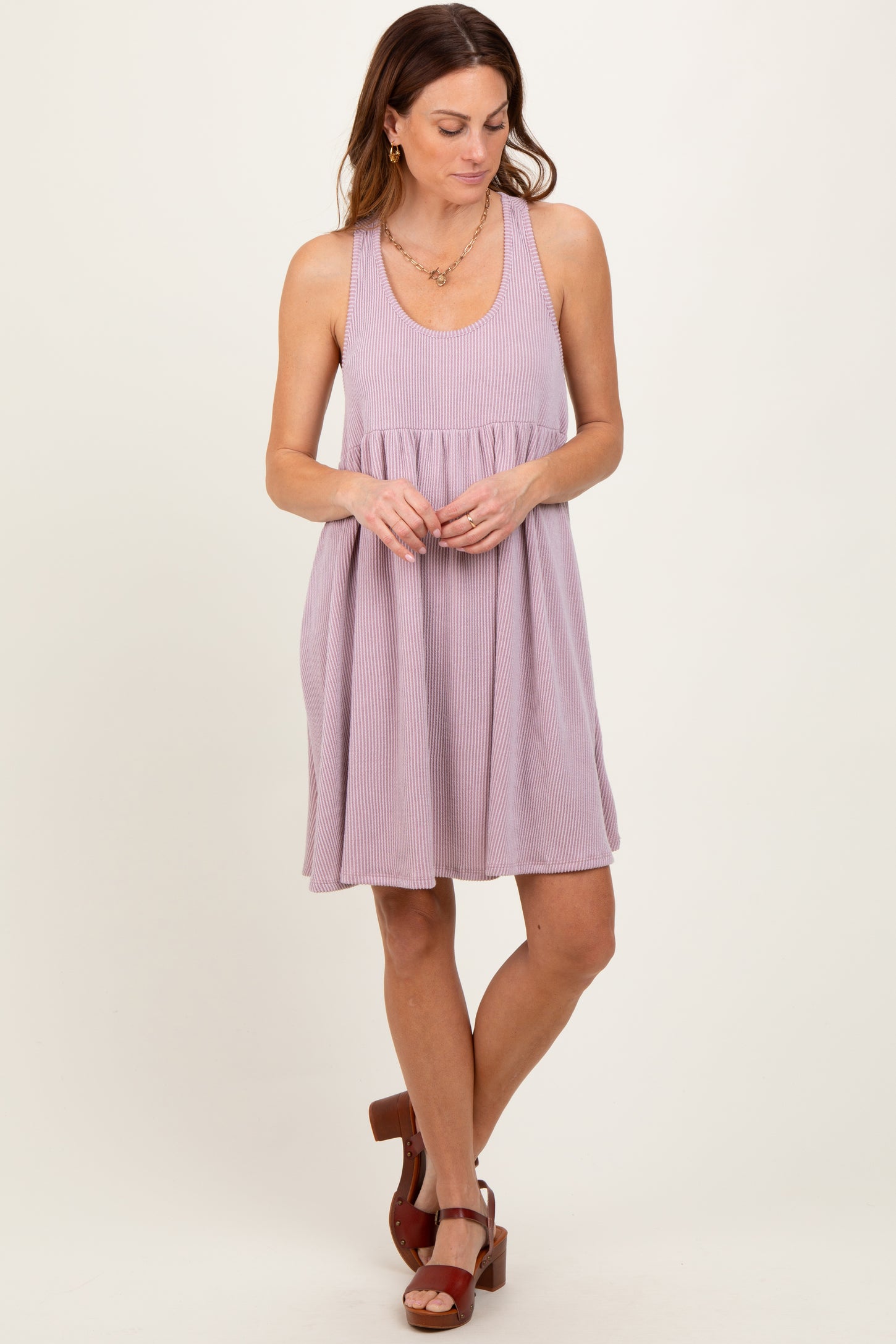 Mauve Ribbed Sleeveless Open Back Midi Dress