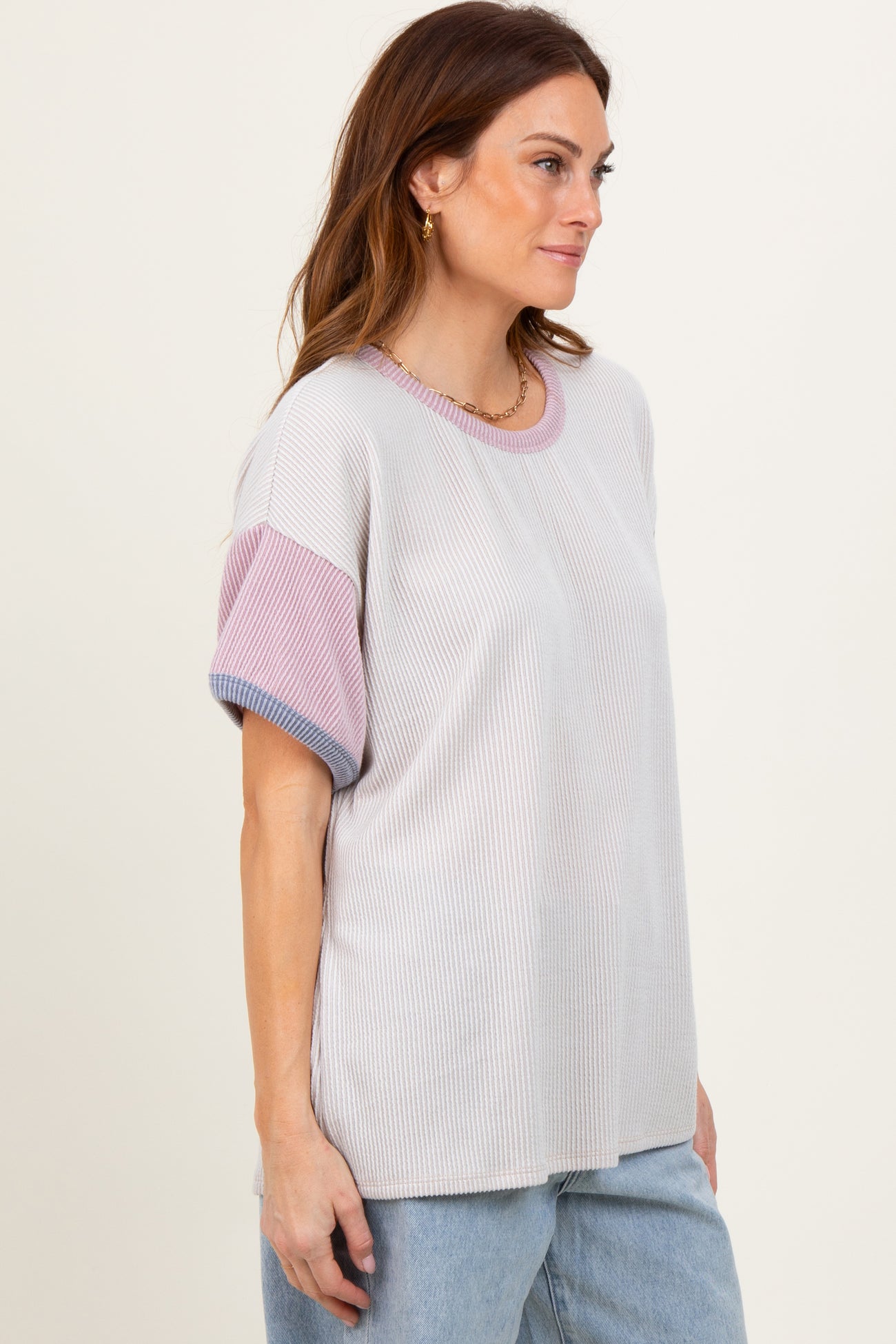 Cream Solid Ribbed Color Block Short Sleeve Tunic Top