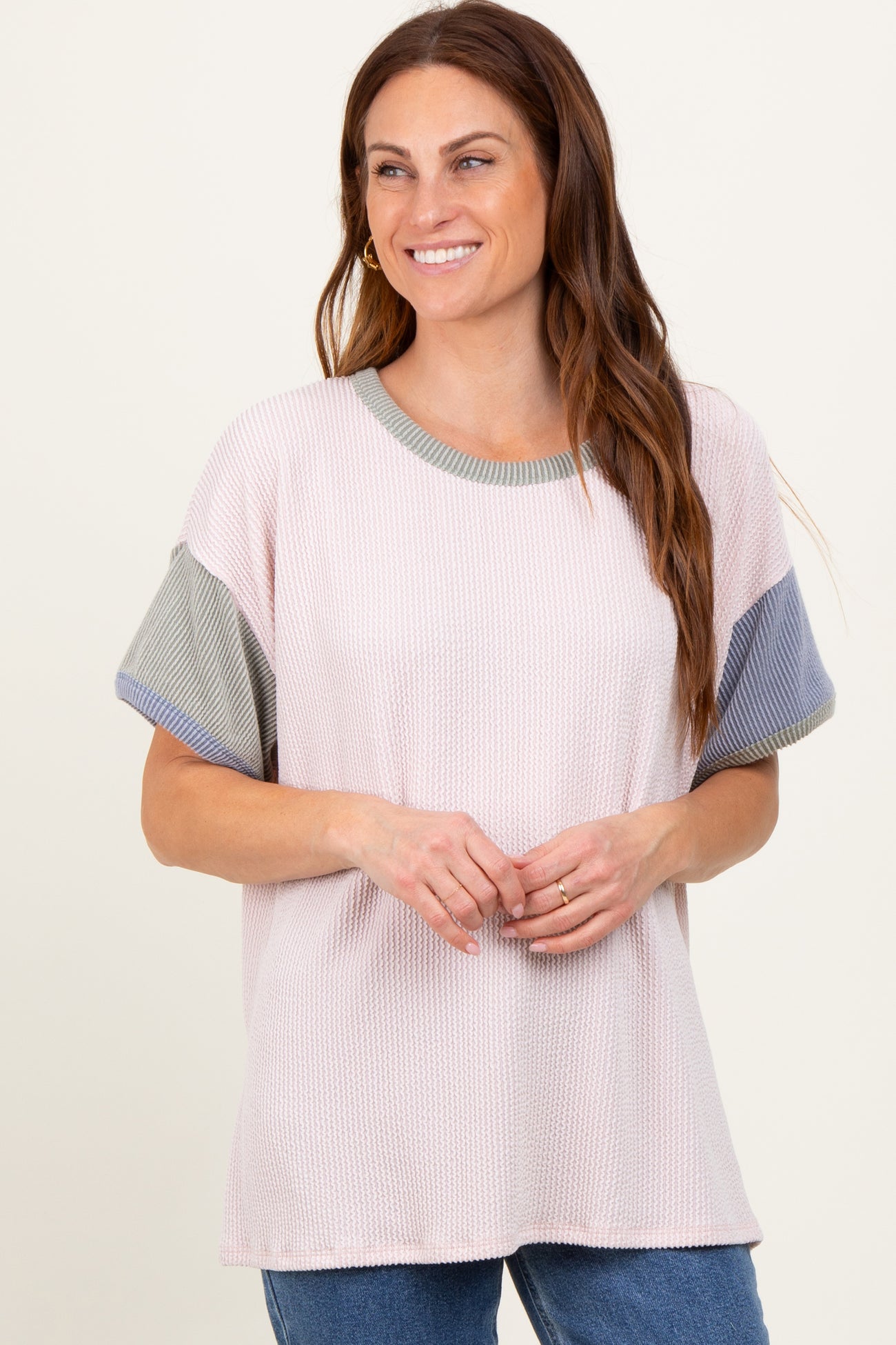 Peach Solid Ribbed Color Block Short Sleeve Maternity Tunic Top
