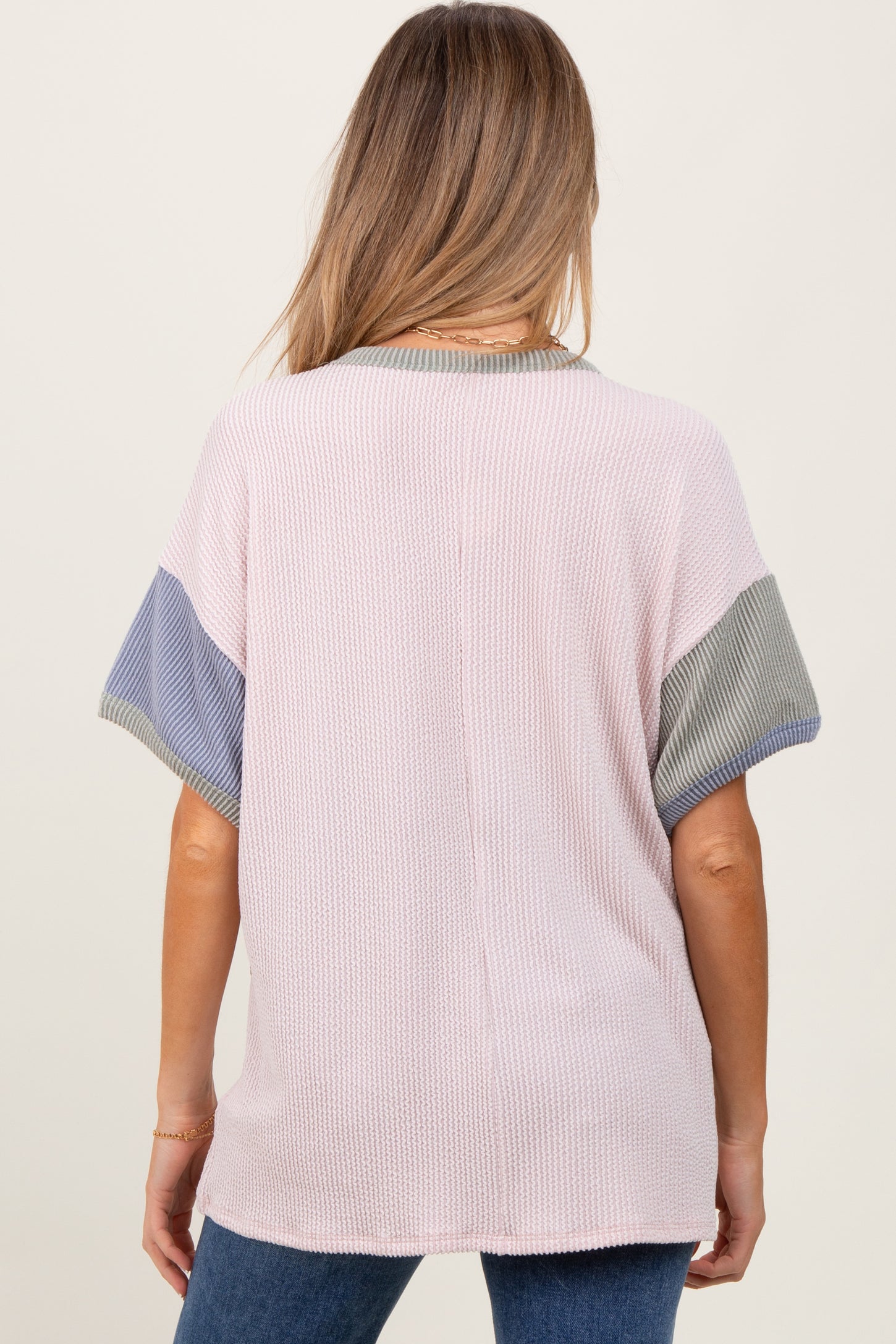 Peach Solid Ribbed Color Block Short Sleeve Maternity Tunic Top