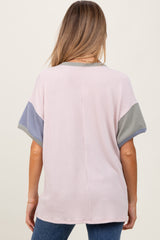 Peach Solid Ribbed Color Block Short Sleeve Maternity Tunic Top