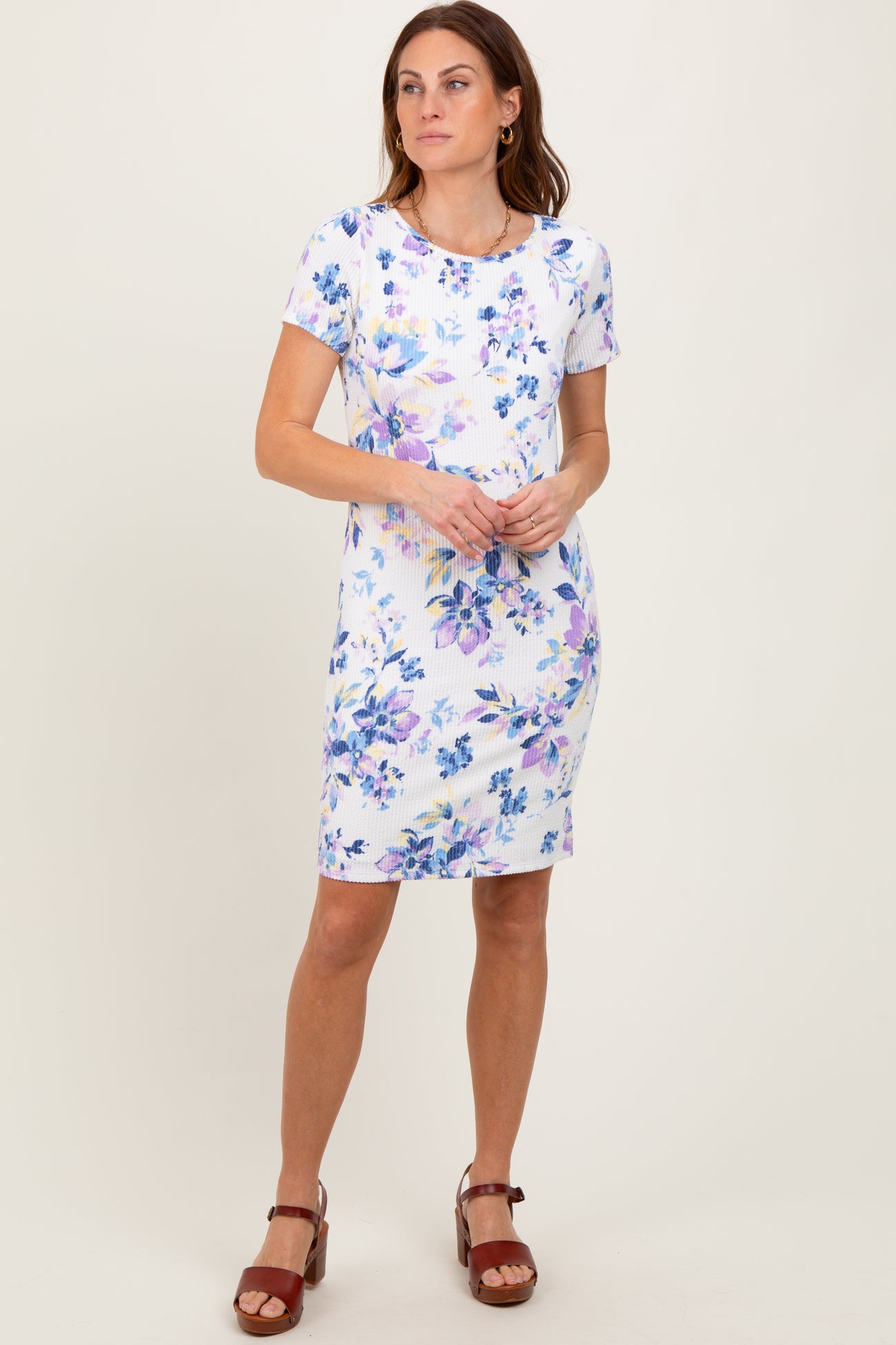Ivory Floral Short Sleeve Ruched Maternity Dress