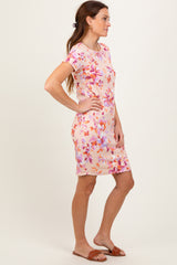 Peach Floral Short Sleeve Ruched Dress