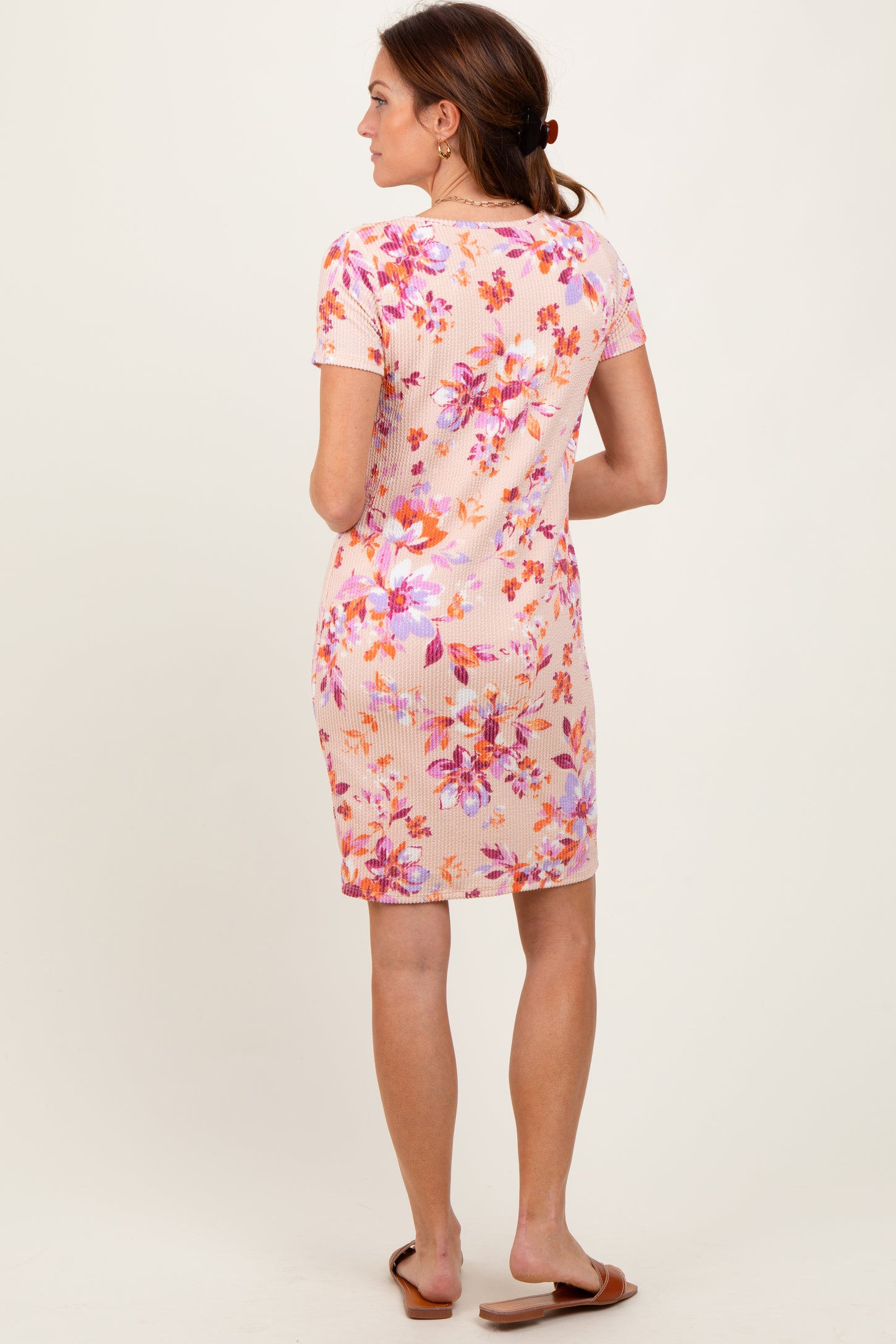 Peach Floral Short Sleeve Ruched Dress