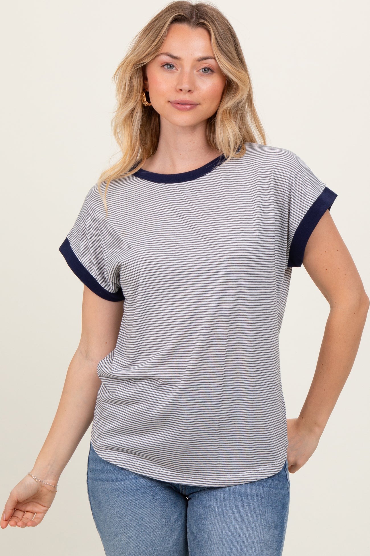 Black Pinstripe Contrast Trim Short Sleeve Tee
