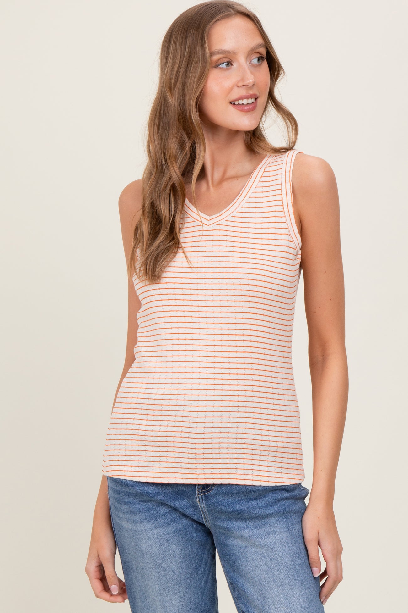 Orange Striped Knit V-Neck Maternity Tank Top