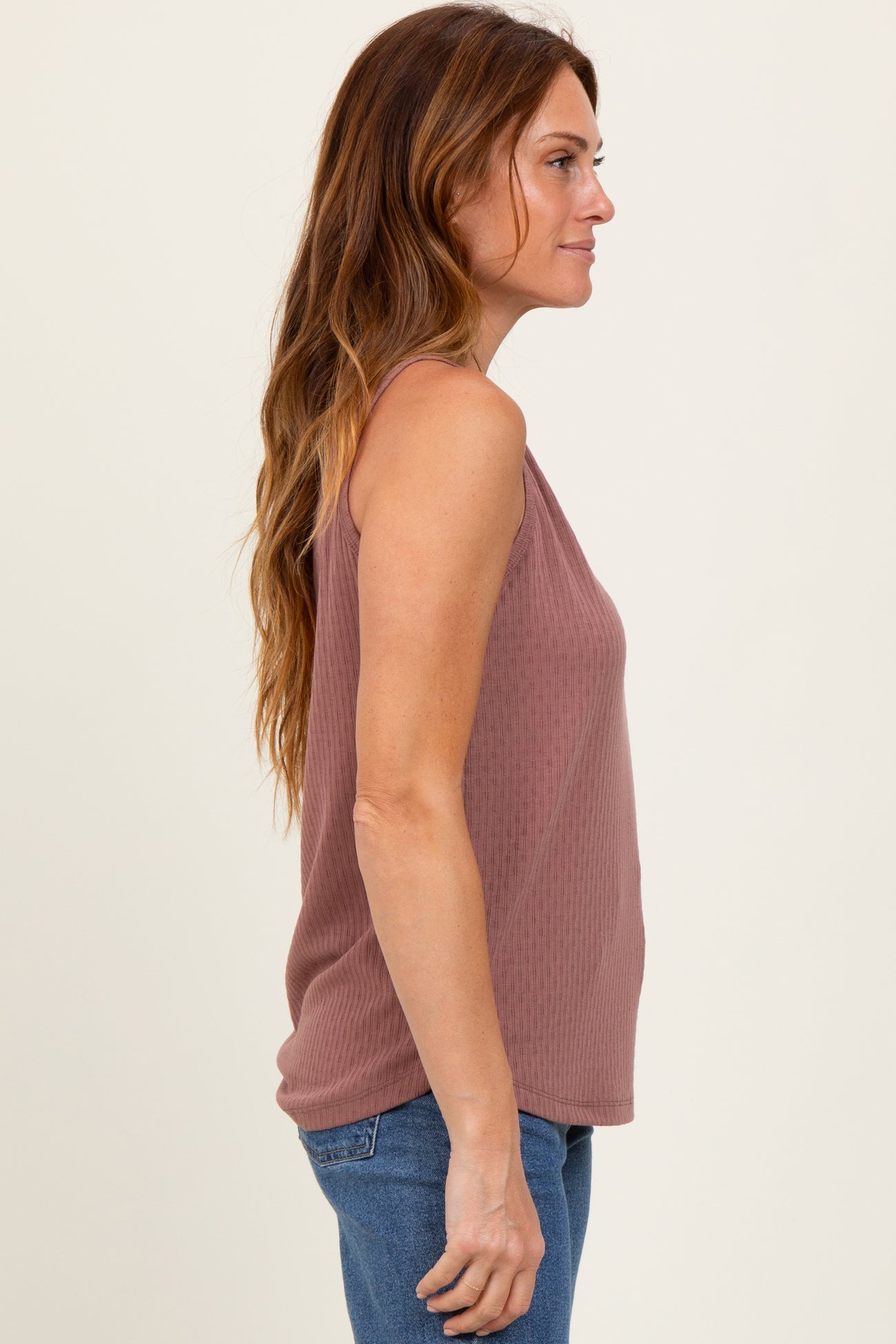 Mauve Pointelle Knit V-Neck Sleeveless Top