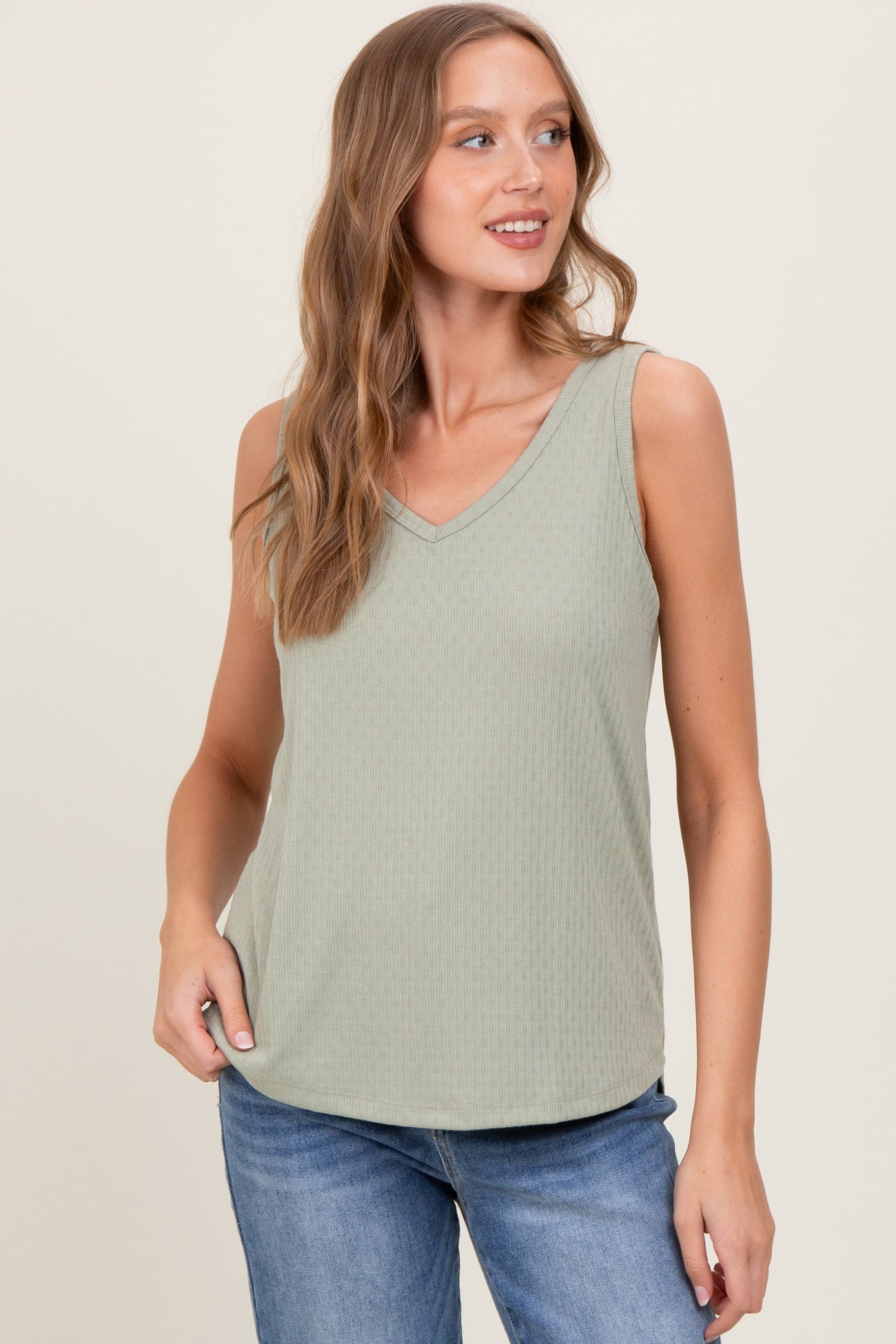 Light Olive Pointelle Knit V-Neck Sleeveless Top