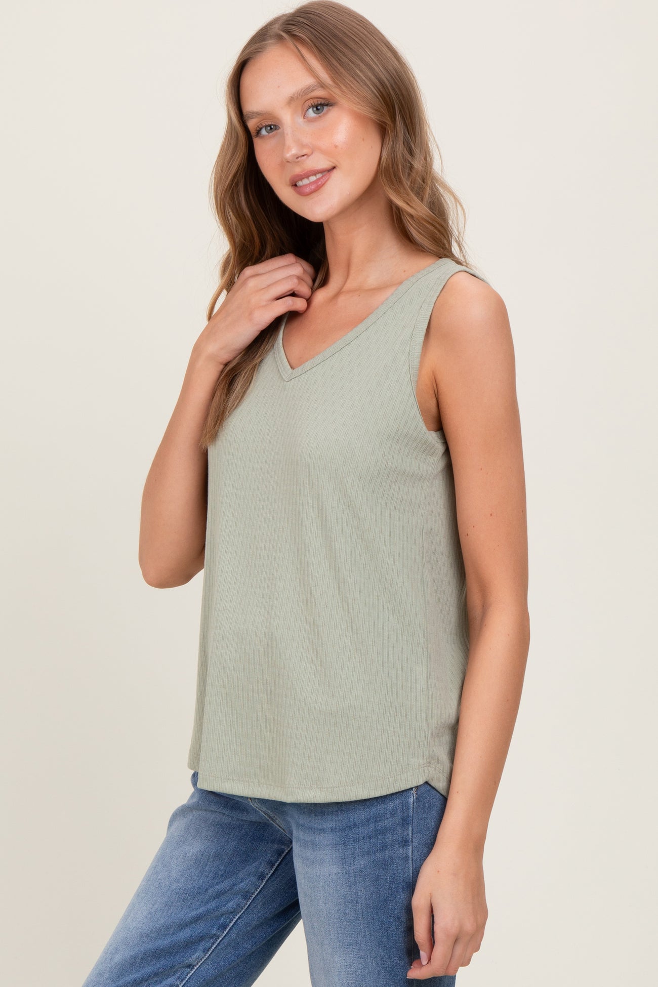 Light Olive Pointelle Knit V-Neck Sleeveless Top