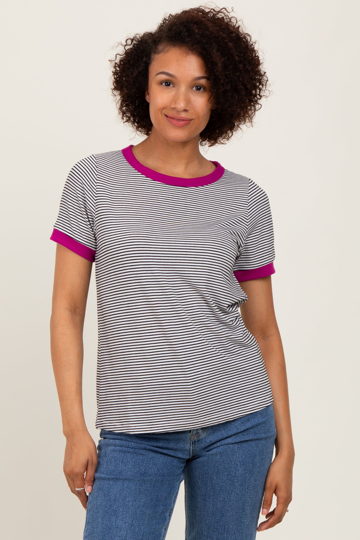 Ivory Pinstripe Contrast Trim Tee