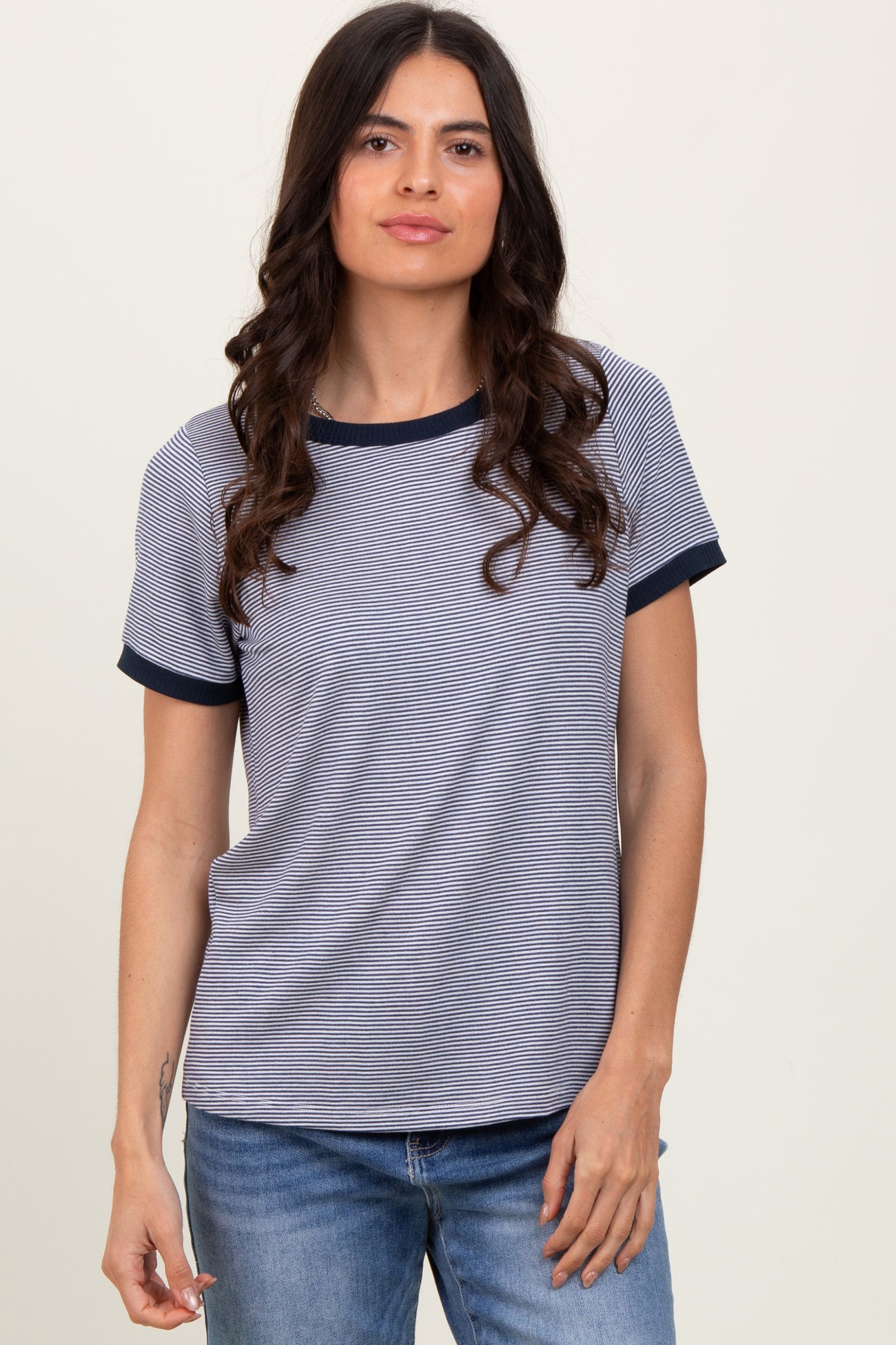Navy Pinstripe Contrast Trim Maternity Tee
