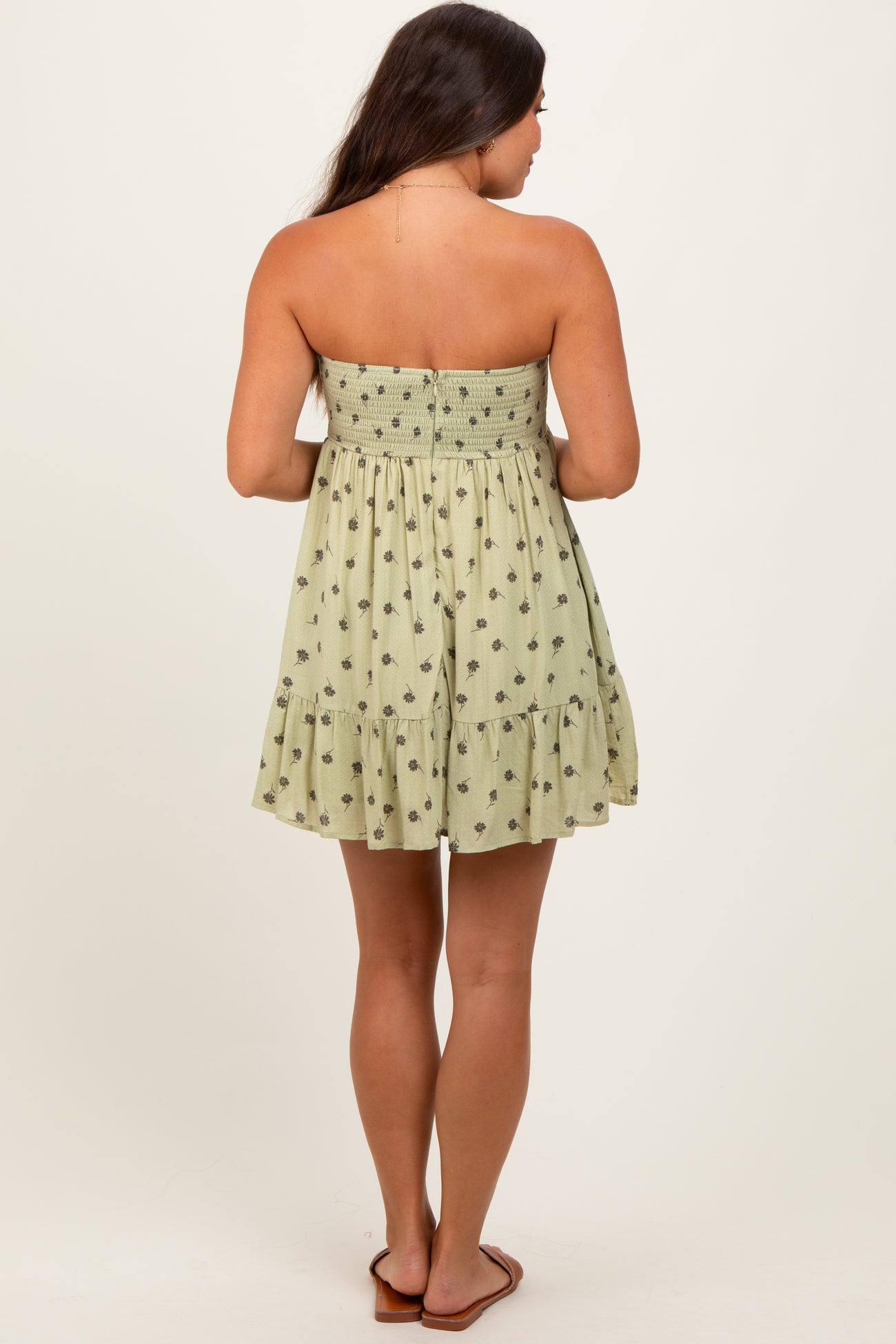 Mint Green Floral Strapless Front Tie Maternity Mini Dress