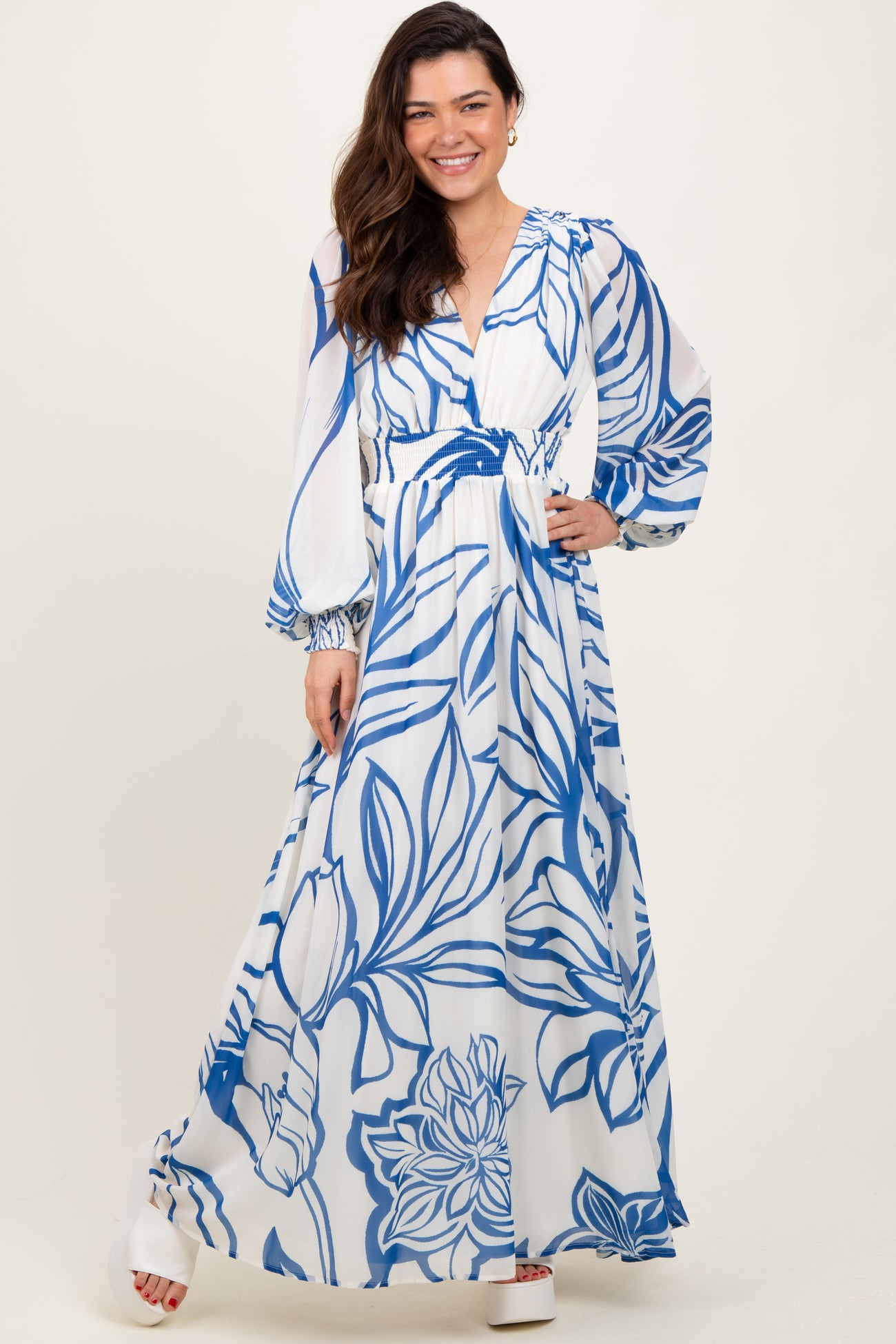Blue Floral Smocked Waist Long Sleeve Maternity Maxi Dress