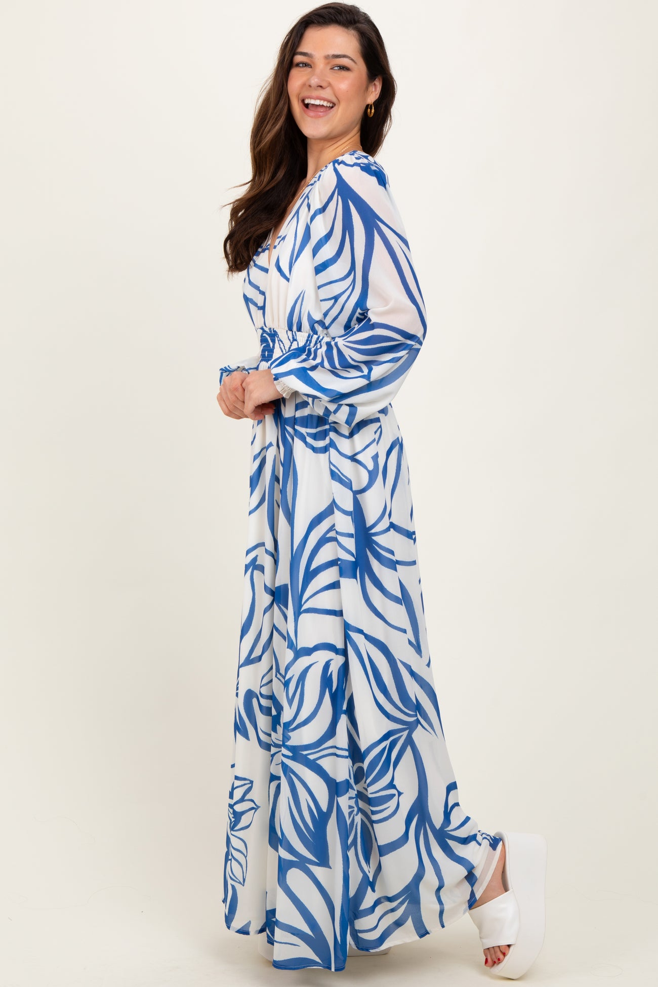 Blue Floral Smocked Waist Long Sleeve Maxi Dress