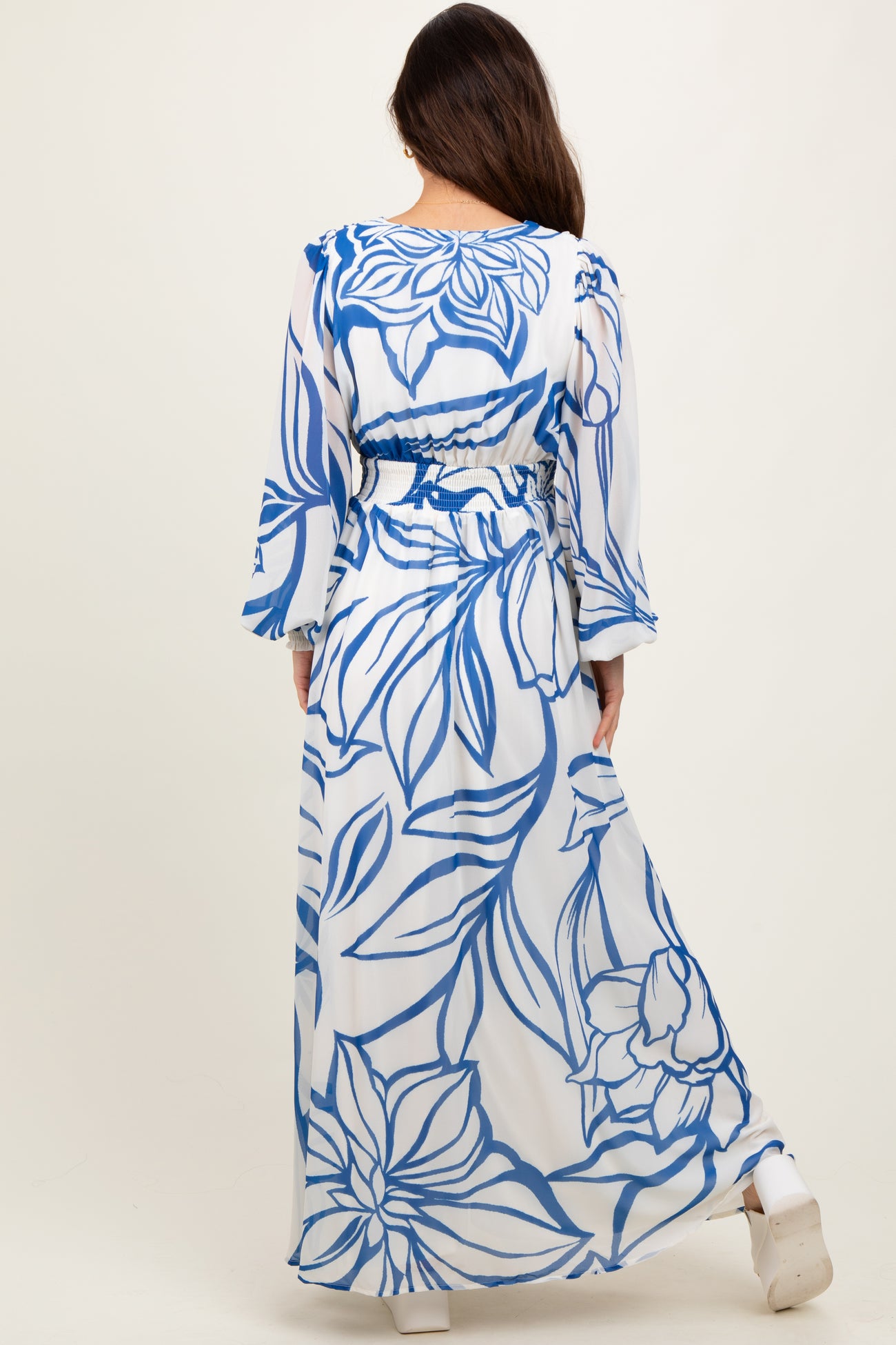 Blue Floral Smocked Waist Long Sleeve Maxi Dress