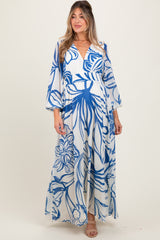 Blue Floral Smocked Waist Long Sleeve Maternity Maxi Dress