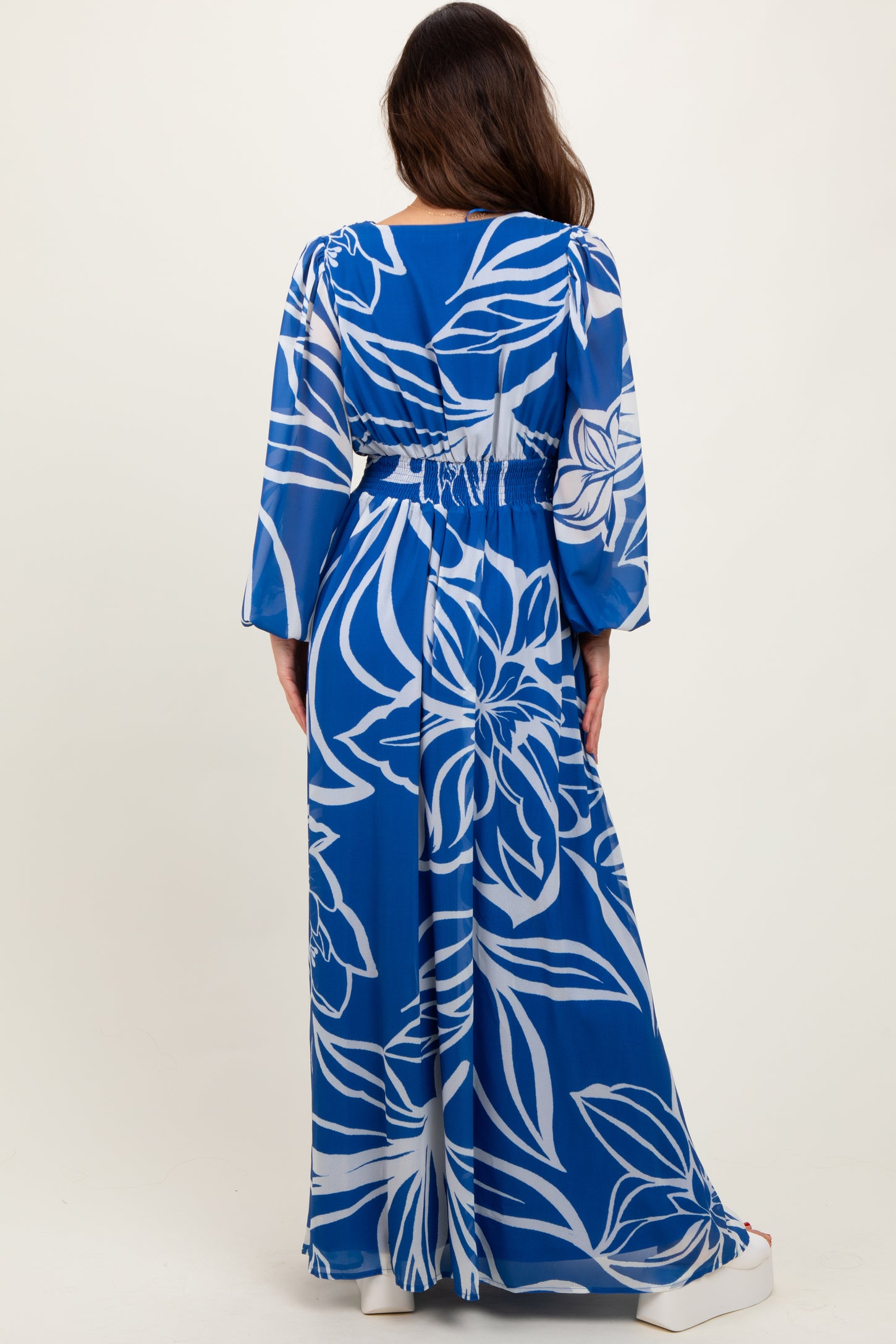 Navy Floral Smocked Waist Long Sleeve Maxi Dress