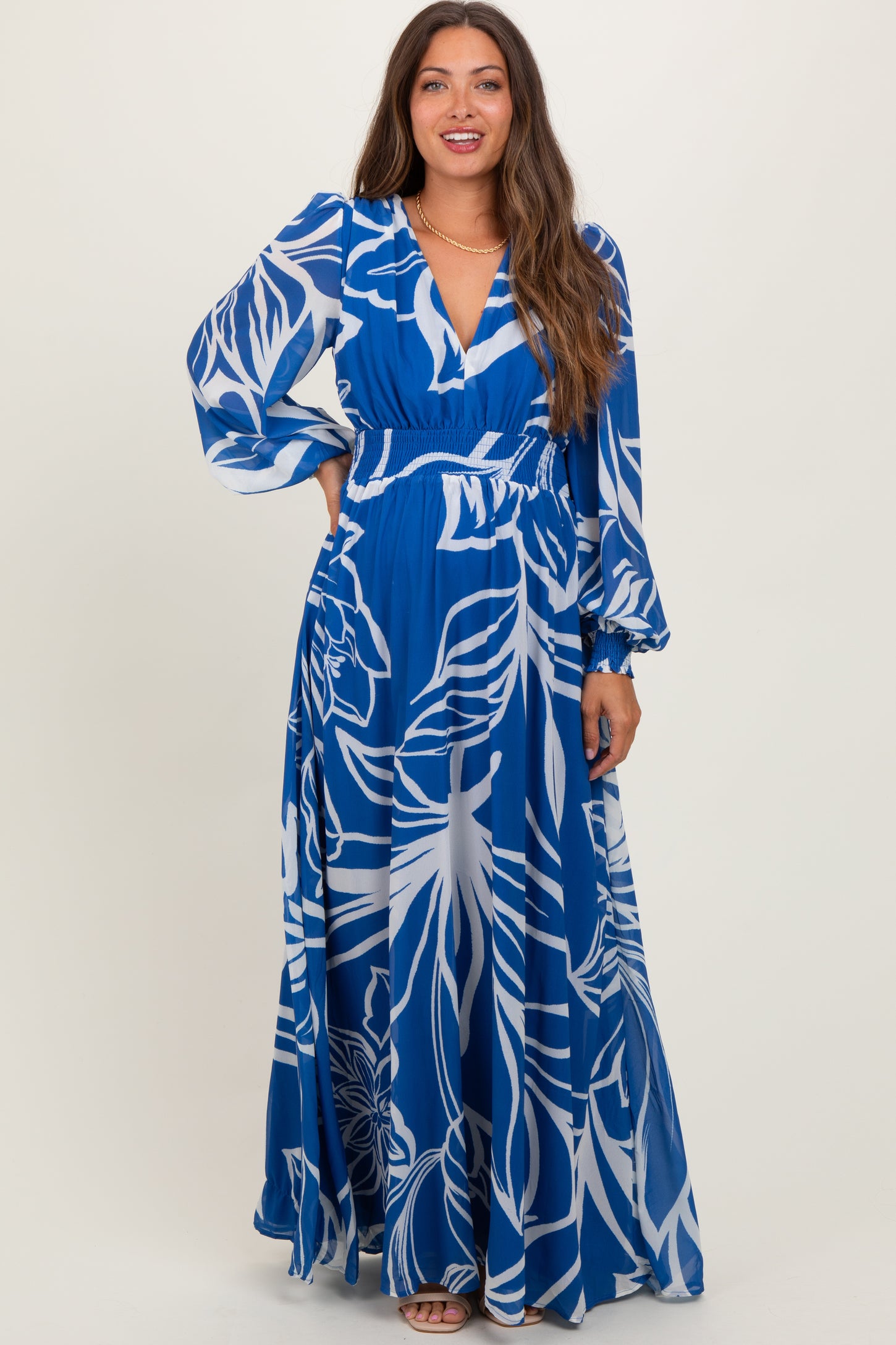 Navy Floral Smocked Waist Long Sleeve Maternity Maxi Dress