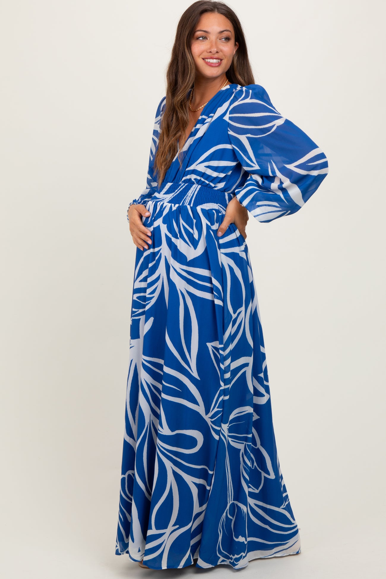 Navy Floral Smocked Waist Long Sleeve Maternity Maxi Dress